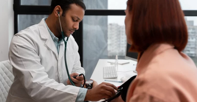 A doctor in a white coat using a stethoscope to check a female patient’s blood pressure in a modern medical office with a window view of a cityscape in the background.